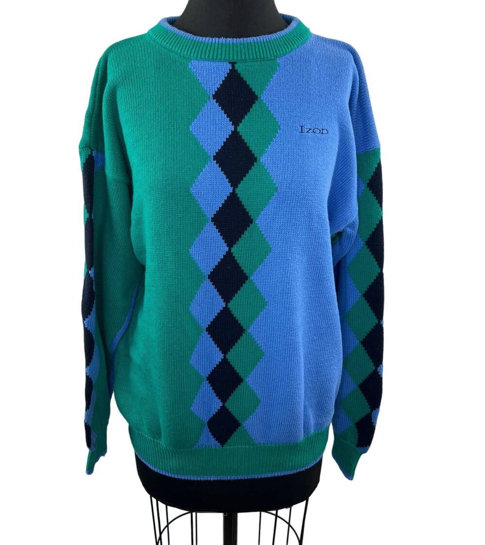 Vintage IZOD Club Green Blue Argyle Knit Crew Pullover Preppy Sweater Men's L